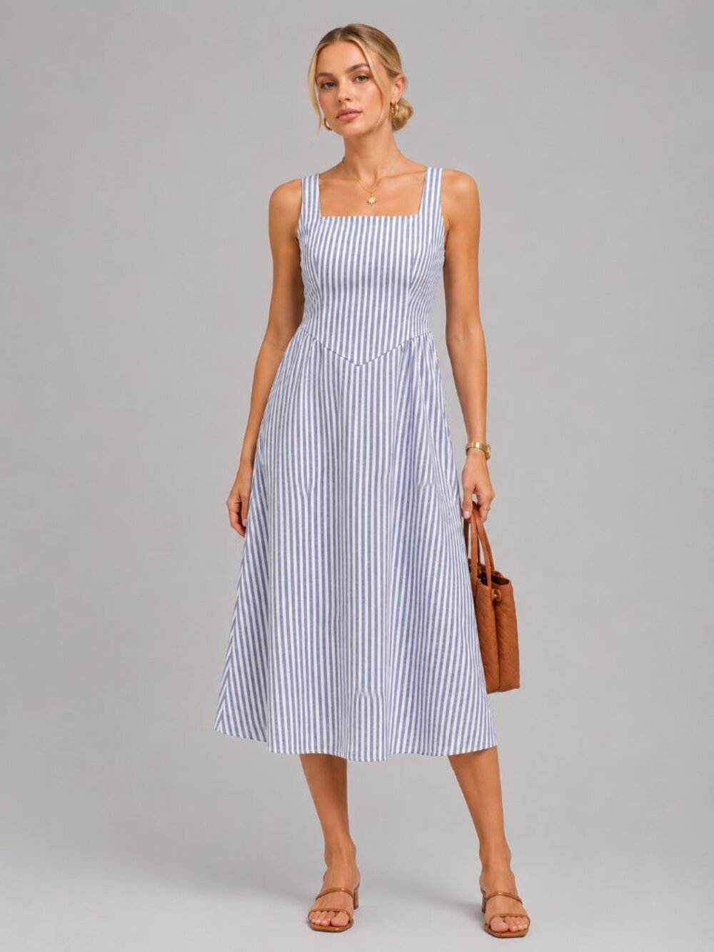 Women's Blue White Striped Cotton Midi Dress Square Neck Sleeveless Sundress